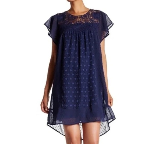 DANIEL Rainn Navy Flutter Sleeve Lace Babydoll Dress, Size Medium - Picture 1 of 16